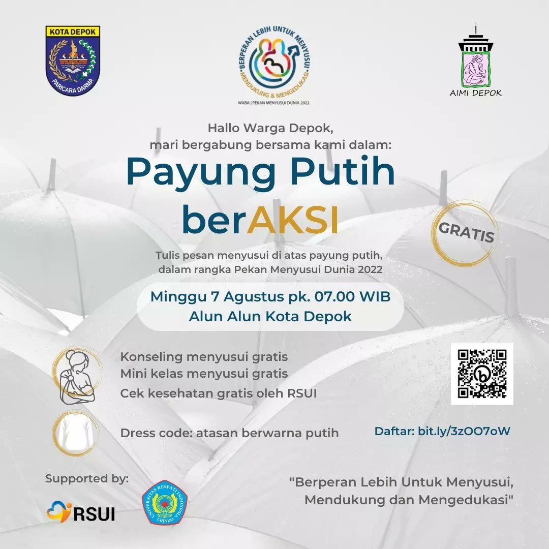 Yuk ikut ramaikan Pekan Menyusui Dunia 2022, ajak rekan rekan mu dan tunjukkan bahwa kamu mendukung dan melindungi ibu menyusui. Breastfriends bisa menulis pesan menyusui di payung putih yg kami sediakan, dan ikutan kegiatan lainnya. Daftar ke bit.ly/3zOO7oW