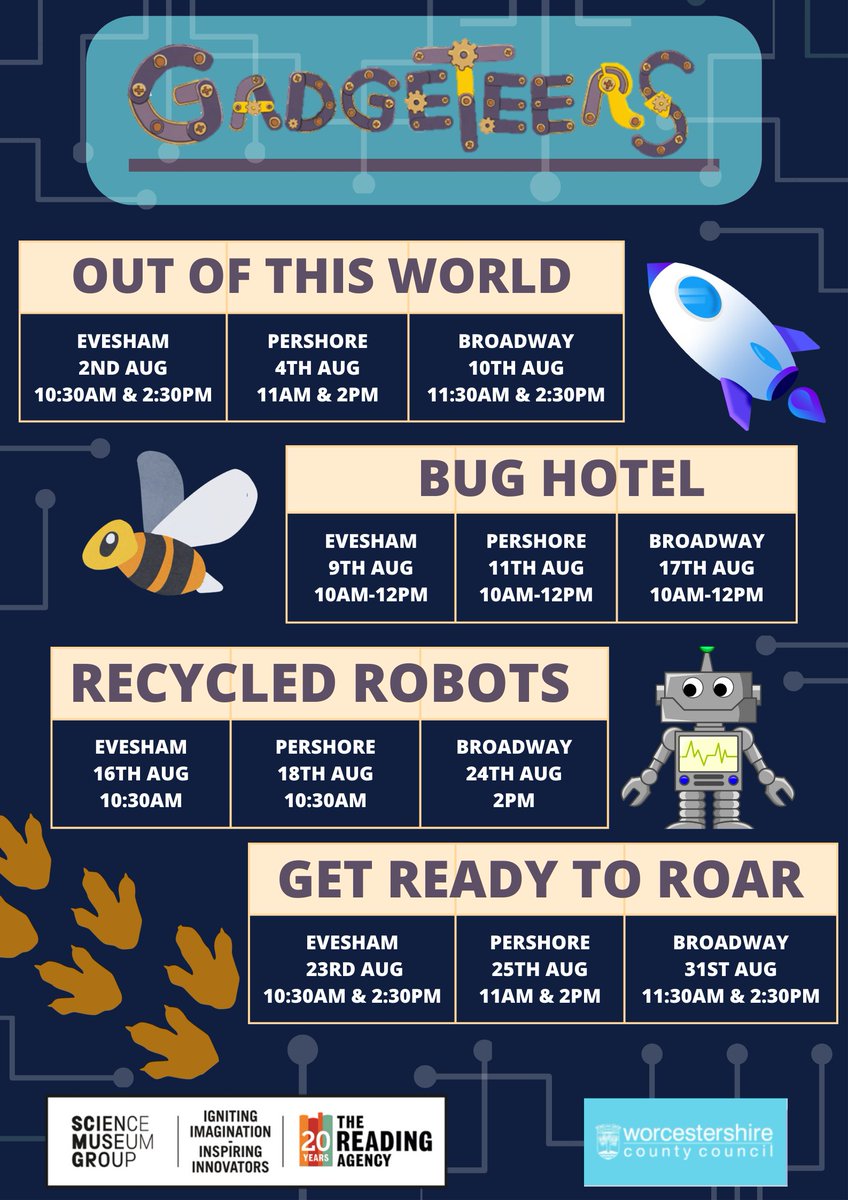 EveshamLib's tweet photo. Our first school holiday activity starts tomorrow! 🚀

Inspired by the #SummerReadingChallenge theme #Gadgeteers we've got some really cool events this summer. Find the details below ⬇️ https://t.co/S5aJNXI2nj