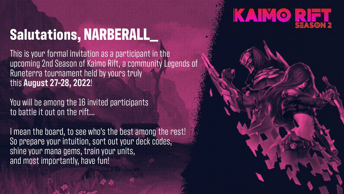 Narberall_'s tweet photo. Got invited to #KaimoRift S2 and this time it's for LoR. Time to learn how to play the game. (I only play casual path of champions 😁)  Thank you for the invite @KKaimo_ https://t.co/jzhrsf5S2K
