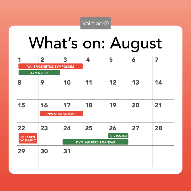 VolitionRx's tweet photo. It looks like another busy month for #TeamVolition!
Are you attending Next Generation Dx Summit, Q3 Investor Summit, @VAInstitute Epigenetics Conference, or @dvm360's #FetchKC?
🔗Information on where to find us below