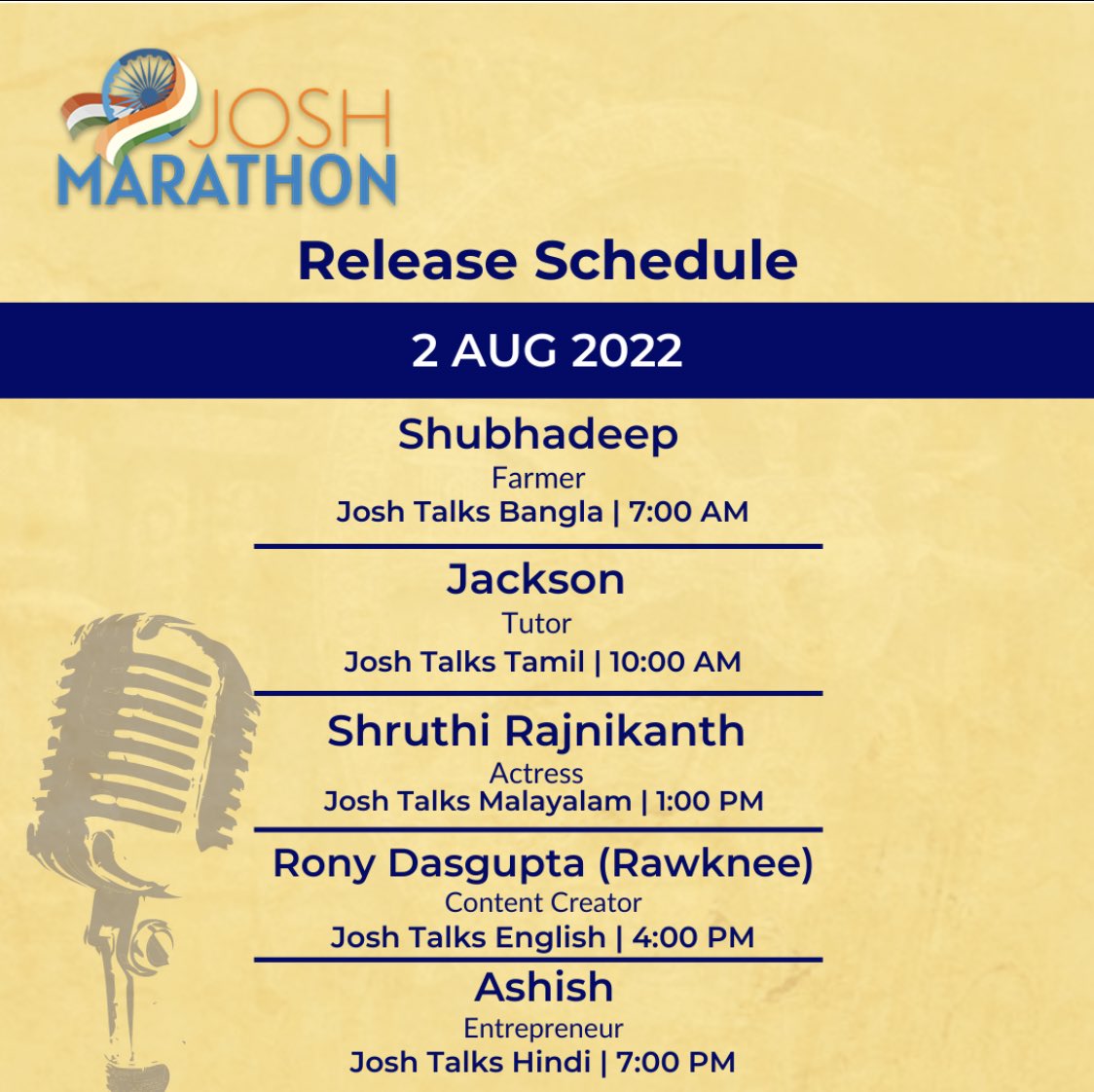 JoshTalksAI's tweet photo. Stay tuned for more inspiring stories from India’s BIGGEST multilingual storytelling event! Releasing tomorrow 👀
Experience the real Bharat with Josh 🇮🇳
#JoshMarathon #AzadiKaAmritMahotsav https://t.co/kSne4F4iB4
