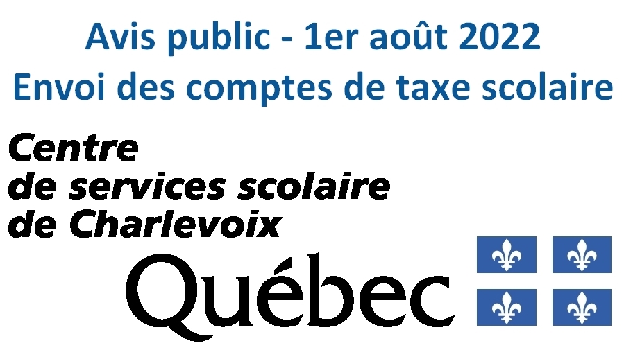 csscharlevoix's tweet photo. Veuillez prendre note que les factures de taxe scolaire 2022-2023 seront expédiées le vendredi 12 août 2022. La première échéance sera le 12 septembre 2022. Le cas échéant, la deuxième échéance sera le 12 décembre 2022. https://t.co/RzffSgm7aS #éducation #Charlevoix #Québec https://t.co/sI4WOCOgiO