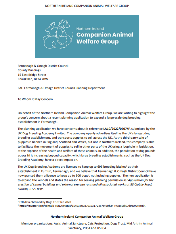 NICAWGroup's tweet photo. Our member organisations are deeply concerned about low welfare breeding here in NI, so we have written to Fermanagh and Omagh Council to object to the planning application submitted, to expand, what is already the largest breeding establishment in the UK. https://t.co/joW1FfdHcB