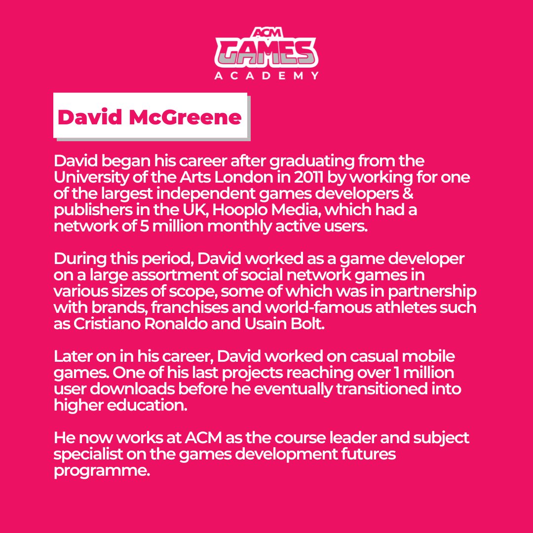 acm_uk's tweet image. Spotlight on David McGreene! 🎮 Swipe to learn about David!

Are you an artist 🎨 , graphic designer 🖥️ , animator 👾 or games lover🕹️ ? Join the ACM Games Academy this September by clicking the &apos;Clearing&apos; link in our bio!

#ThisIsACM #ACMuk #GameDevelopent #Gaming #UCAS