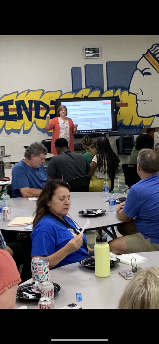 So1onupie's tweet photo. Welcome to the NSHS Reservation!! Mrs. Kathy Korth shares important school data with the tribe this morning. @NSHS_DrChandler #datadrivesinstruction #teachingisacalling #weachievetogether #ONEtribe💙💛 https://t.co/BgPRliw8IG