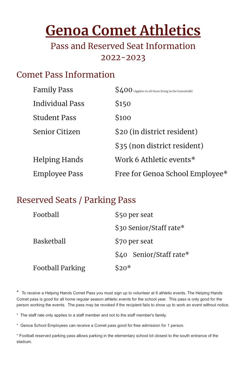 GenoaSports's tweet photo. The Athletic Department and Athletic Boosters will have our annual Helping Hands, Athletic Pass and Reserved Seat sale event on Tuesday August 9, 2022 from 6-7pm in the Middle School Cafeteria. Attached is the 2022-2023 pricing guide. #CometEvents #WeAreGenoaComets https://t.co/AN9QLB1qIm
