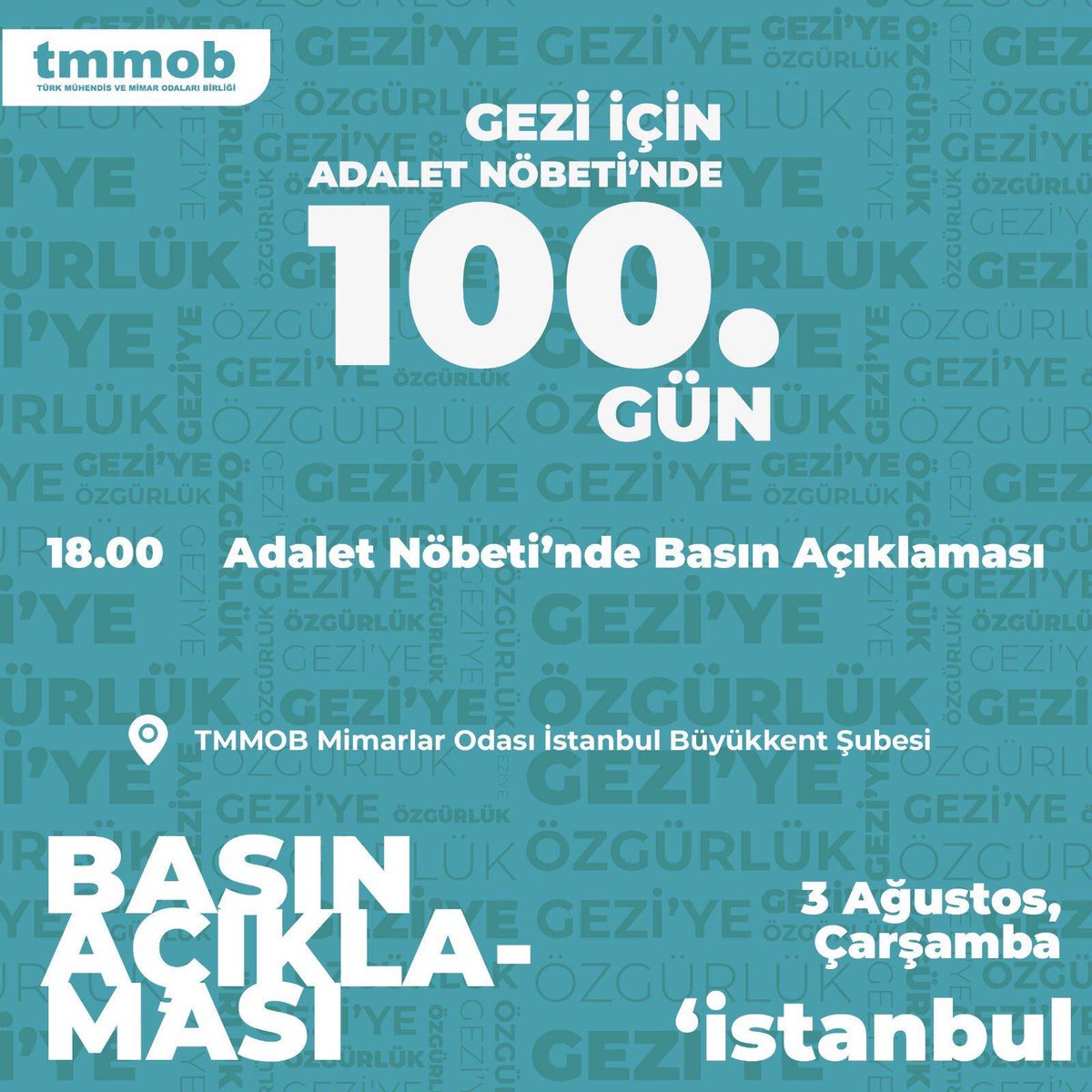 Gezi Icin Adalet nobetinin 100. Gununde bircok kentimizde es zamanli basin aciklamalari gerceklestirilecektir. Bir kez daha soyluyoruz: Gezi onurumuzdur.
<a href="/gezisavunmasi/">#GeziyiSavunuyoruz</a> <a href="/GeziyeOzgurluk/">#GeziyeÖzgürlük</a> <a href="/taksimdayanisma/">Taksim Dayanışması</a>