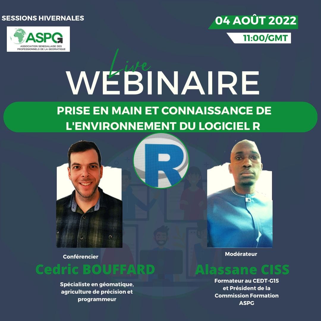 aspg_sn's tweet photo. Salut,
La Commission Formation de l'ASPG débute les sessions_wébinaire afin d'anime l'association. C'est dans ce sillage que le premier wébinaire_session_1 sur R se tiendra le jeudi 4 Août 2022 à 11h heures de Dakar. 
Nous suivre via le lien: https://t.co/Gww0KofdRW https://t.co/iFH888ZZRs