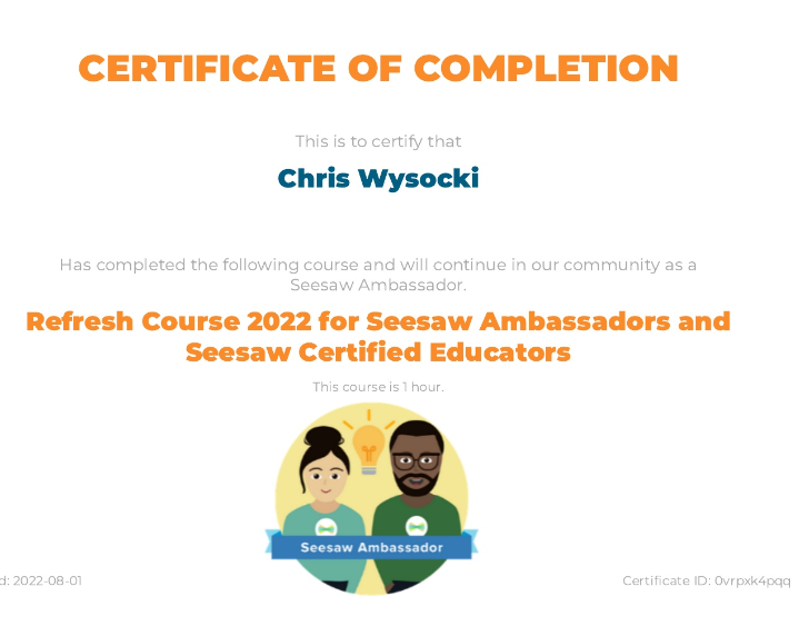 TeachWysocki's tweet photo. Another year of @Seesaw ambassadorship. Maybe they could offer a mandatory course during my working hours next year... #seesaw #edtech #edtechat https://t.co/Jhjw89i9gu