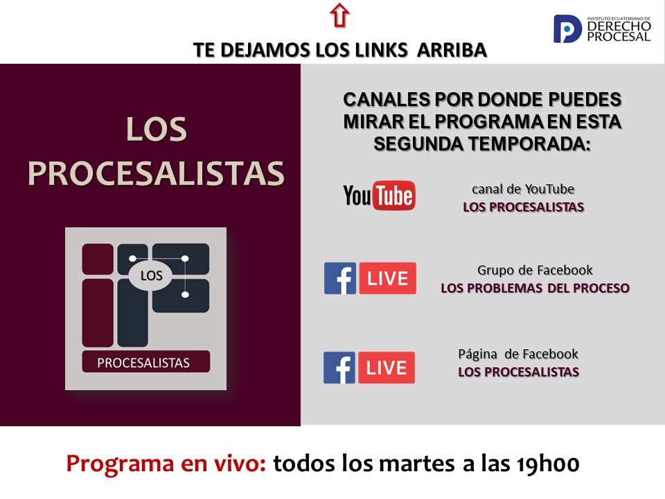 Canales por donde podrás mirar LOS PROCESALISTAS:

🔴Link de YouTube para ver la transmisión del programa
youtube.com/watch?v=eBjfLa…
🔵Link de Facebook Grupo LOS PROBLEMAS DEL PROCESO
facebook.com/groups/problem…
🟠Link de Facebook Página Los Procesalistas
facebook.com/LosProcesalist…