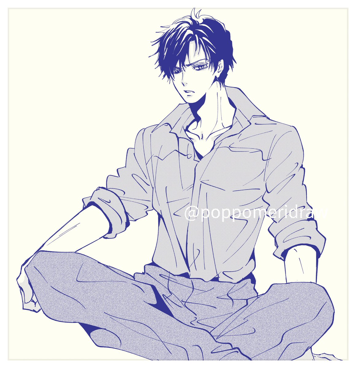 1boy male focus solo sitting monochrome sleeves rolled up shirt  illustration images