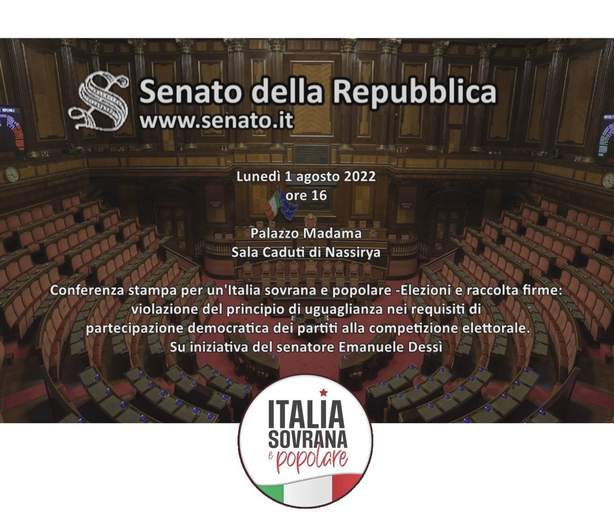 Italia Sovrana e Popolare oggi in #Senato dalle ore 16:00. Seguite la diretta da qui: bit.ly/SenatoIT_Tv

#ItaliaSovranaePopolare