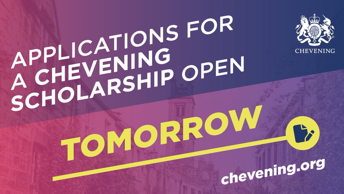 Applications for #Chevening scholarships open tomorrow. Study a 🇬🇧 master’s degree fully funded for one year.

Start preparing your application now: Chevening.org/guidance

#MyCheveningJourney
