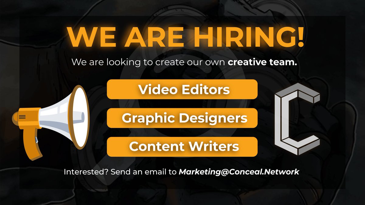 ConcealNetwork's tweet image. Concealers! $CCX

We are in the process of creating our very own Conceal Creative Team! We are in need of a Video Editor, Graphic Designer and Content Writers. 

This team is going to bring our marketing to the next level.🚀

Read the full article below!👇
concealnetwork.medium.com/introduction-t…