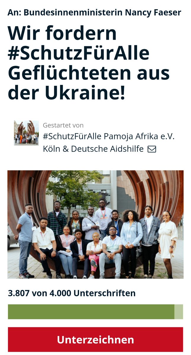 #Call4Action

'101 junge Menschen sind aus der #Ukraine geflohen. Jetzt droht ihnen die #Abschiebung - weil ihnen der ukrainische Pass fehlt. Eine WeAct-Petition fordert gleiche Rechte & #SchutzFürAlle Geflüchteten!'

Bitte unterschreiben & weiterteilen⬇️ weact.campact.de/petitions/schu…
