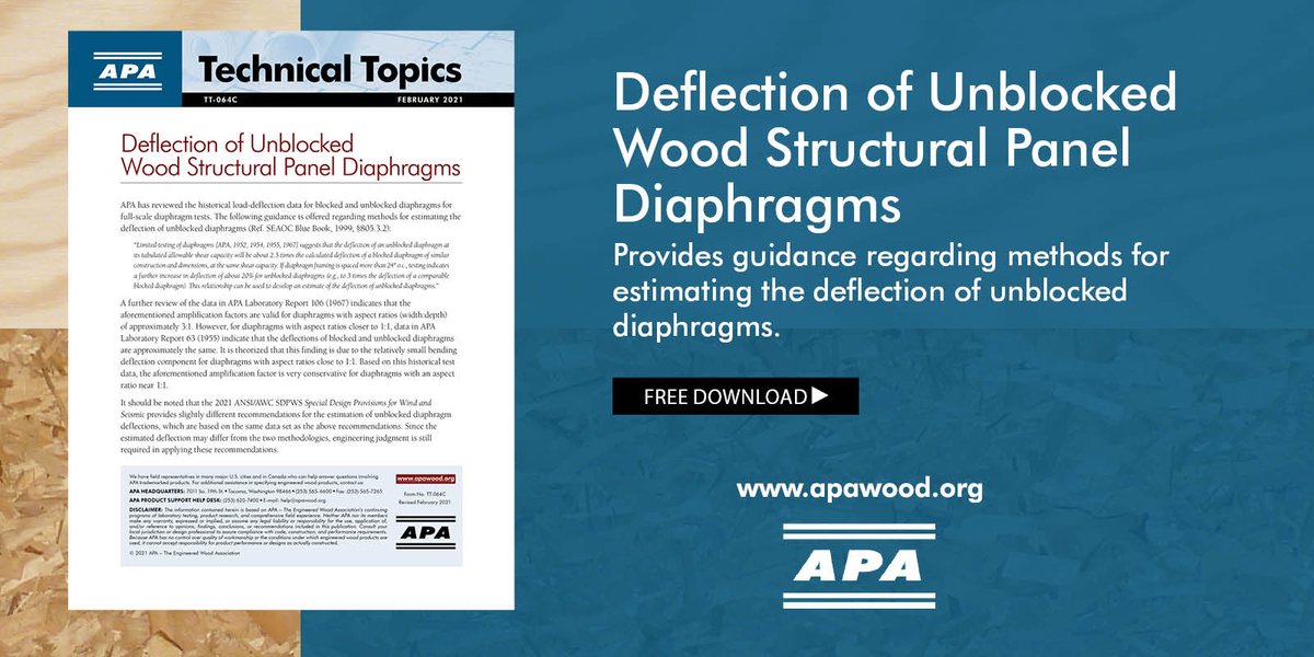 APAwood's tweet photo. Designers, find guidance on the best methods for estimating the deflection of unblocked wood structural panel diaphragms in our Technical Topic. Download > https://t.co/zILCa1H4Kq
#StructuralPanels #StructuralDesign https://t.co/hVdRc3BBWA