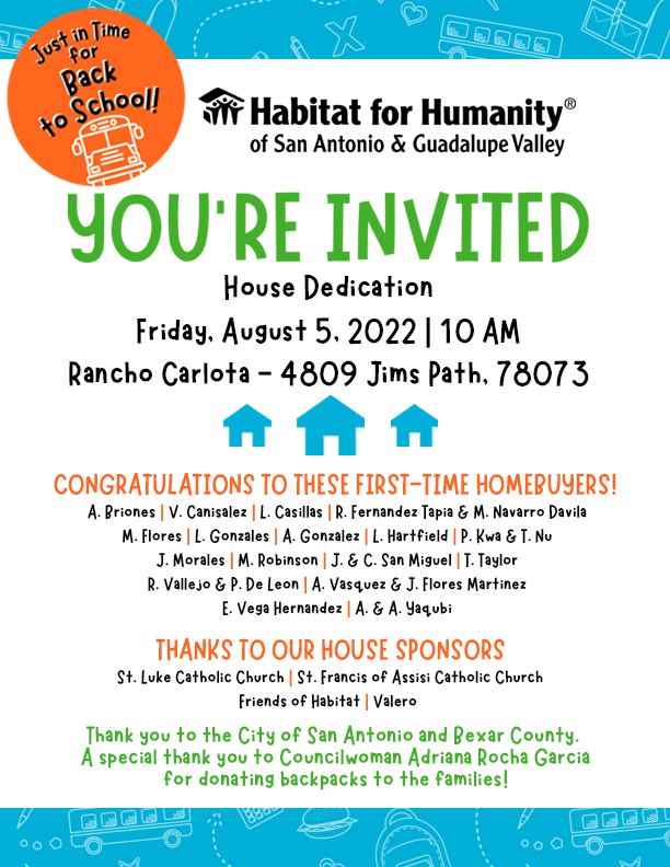 HabitatSATX's tweet photo. Don't forget to join us on Friday to celebrate 17 more families moving in soon! Huge thanks to our sponsors during this build season: @ValeroEnergy , St Luke's Catholic Church, and St Francis of Assisi Catholic Church!  #homededication #habitatdedication https://t.co/K3WDlZWbM5