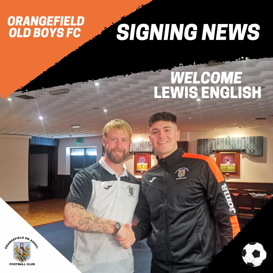 OOBFC's tweet photo. 🚨NEW SIGNING🚨

We are delighted to announce yet another signing ahead of the 2022/23 season.

Welcome Lewis English 📝✍🏼

Lewis is a great centre half and we are delighted to have him on board at Orangefield!

🍊🧡

#OOBFC #Orangefield #SummerSigning https://t.co/oRtUhWoHpm