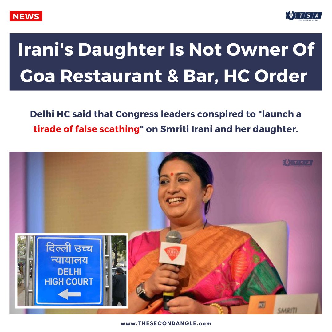 BuzzpediaNetwrk's tweet photo. #GoaBarRow | Union Minister #SmritiIrani and her daughter are not the owners of the #GoaRestaurant and bar, the #DelhiHighCourt has said in its order, dashing the Congress allegations against them. https://t.co/sXxATUV2uU
