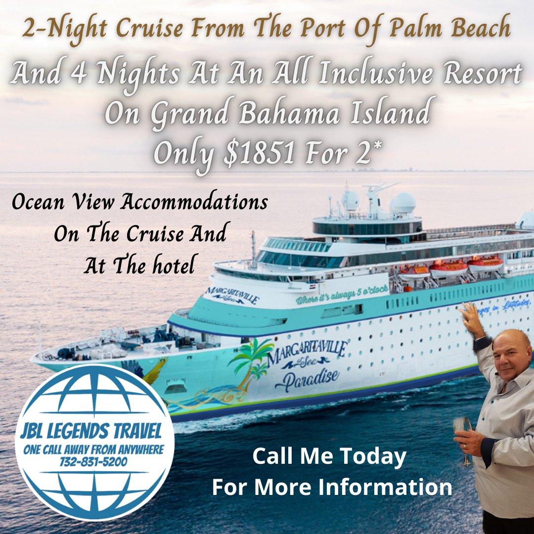 A two night #cruise and a four day stay at an #allinclusiveresort on #grandbahamaisland It's the perfect #getaway for a #honeymoon #grouptrip #romaticgetaway and or a #familyvacation
Contact us today for more information and available dates.
#jbllegendstravel #onecallaway