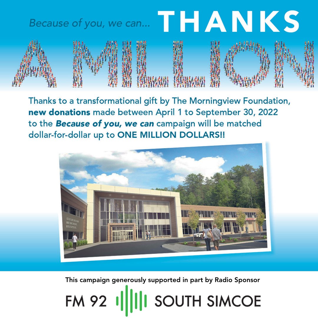 StevensonFdn's tweet photo. We're celebrating #MillionDollarMonday 🎉

Because of you, we can 💙

#TransformingStevenson #BecauseOfYouWeCan #hospital #healthcare #Alliston #Newtecumseth #tottenham #betton #angus #innisfil #simcoecounty #southsimcoe #redevelopment #ministryofhealth https://t.co/LhONITBrim