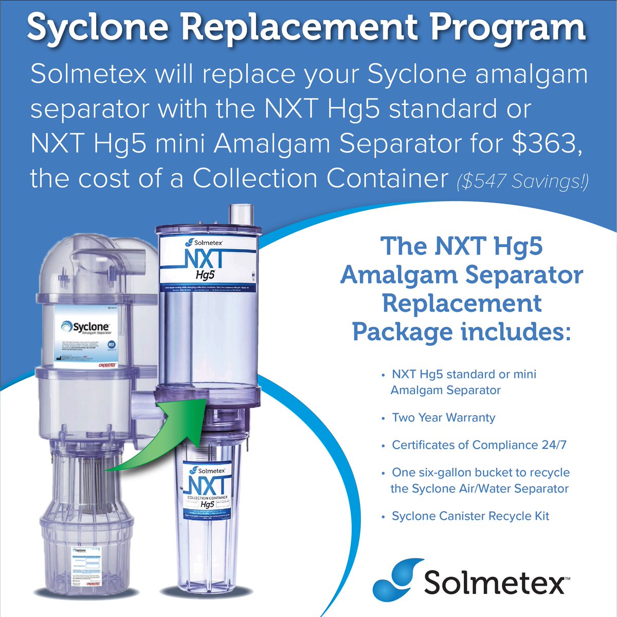 Attention all Syclone users...Solmetex has discontinued the Crosstex Syclone Amalgam Separator System and Syclone Collection Containers. Please call 877-207-1551 to replace your system for only $363!