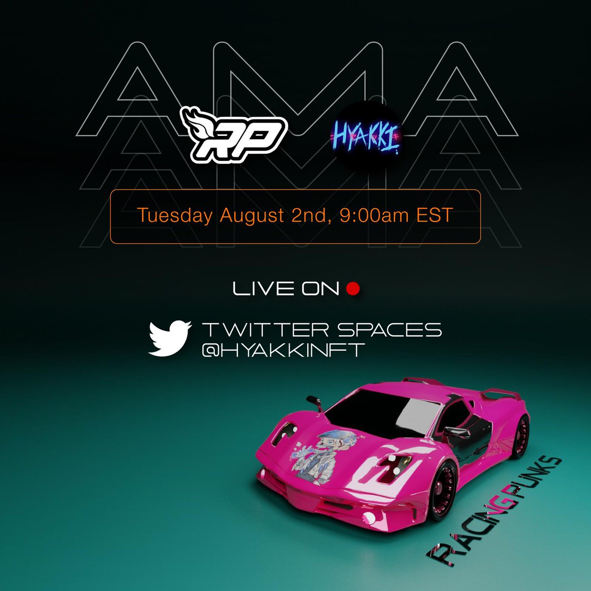 Welcome to the Racing Fam <a href="/Hyakkinft/">Hyakki(百鬼👹)</a>, to celebrate our Official Collaboration, we'll be hosting an AMA together on 2/8 @ 0900HRS EST on Twitter Spaces with some special giveaways! 

Like, Follow and RT!
Join our discord: discord.gg/EncwAgUHYC

#NFTGiveaways #NFT #NFTCommunity