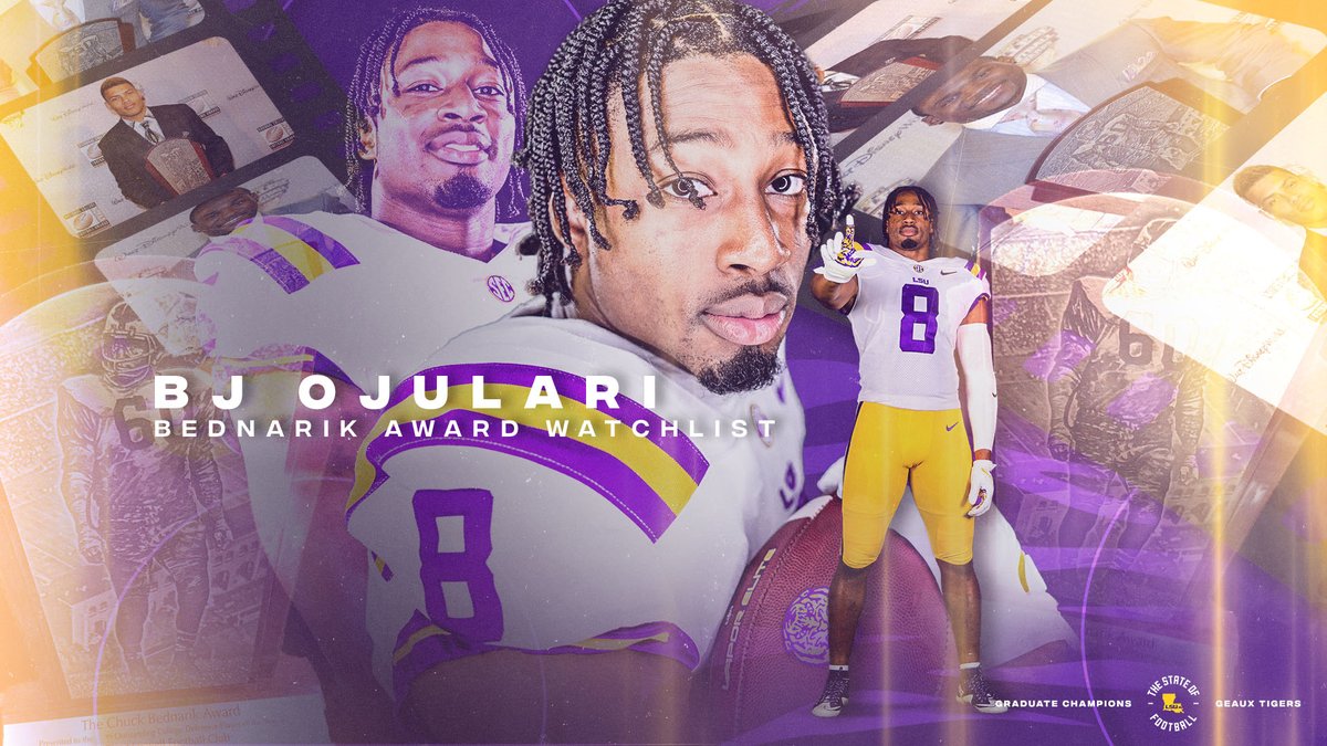 LSUfootball's tweet photo. DE @Bj_O9 is on the Bednarik Award watch list. 

@P2 and @Mathieu_Era won the award, which is given to the top defensive player in college football, in back-to-back years in 2010 and 2011. https://t.co/UNknGgbqNa