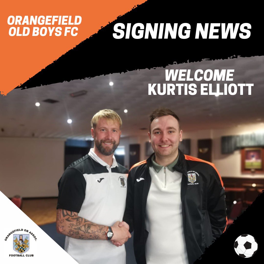 OOBFC's tweet photo. 🚨NEW SIGNING🚨

We are delighted to announce another signing ahead of the 2022/23 season.

Welcome Kurtis Elliott 📝✍🏼

Kurtis joins us from Bloomfield and we are delighted to have him on board at the club!

🍊🧡

#OOBFC #Orangefield #SummerSigning https://t.co/zVuvkaB3Eq