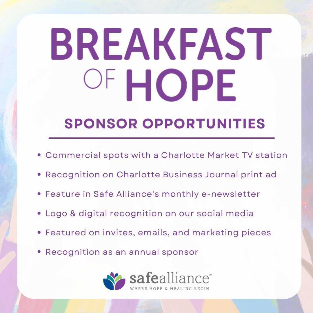 Sponsorship opportunities for our #BreakfastOfHope event are still available! 

Sign up by TONIGHT to receive exclusive perks like
these at safealliance.org/eventpages/bre…