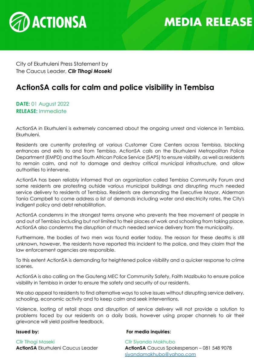 ActionSACaucusE's tweet photo. City of Ekurhuleni Press Statement by Caucus Leader, Cllr @MosekiTlhogi

ActionSA calls for calm and police visibility in #Tembisa

ActionSA in Ekurhuleni is extremely concerned about the ongoing unrest and violence in Tembisa, Ekurhuleni. 

@HermanMashaba
@BonganiBaloyiBB https://t.co/VZD2ncJ5Or