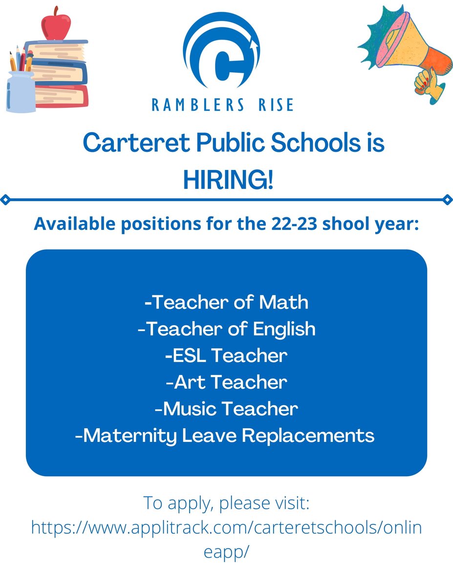 Carteret Public Schools is HIRING!!! To apply please visit: applitrack.com/carteretschool…