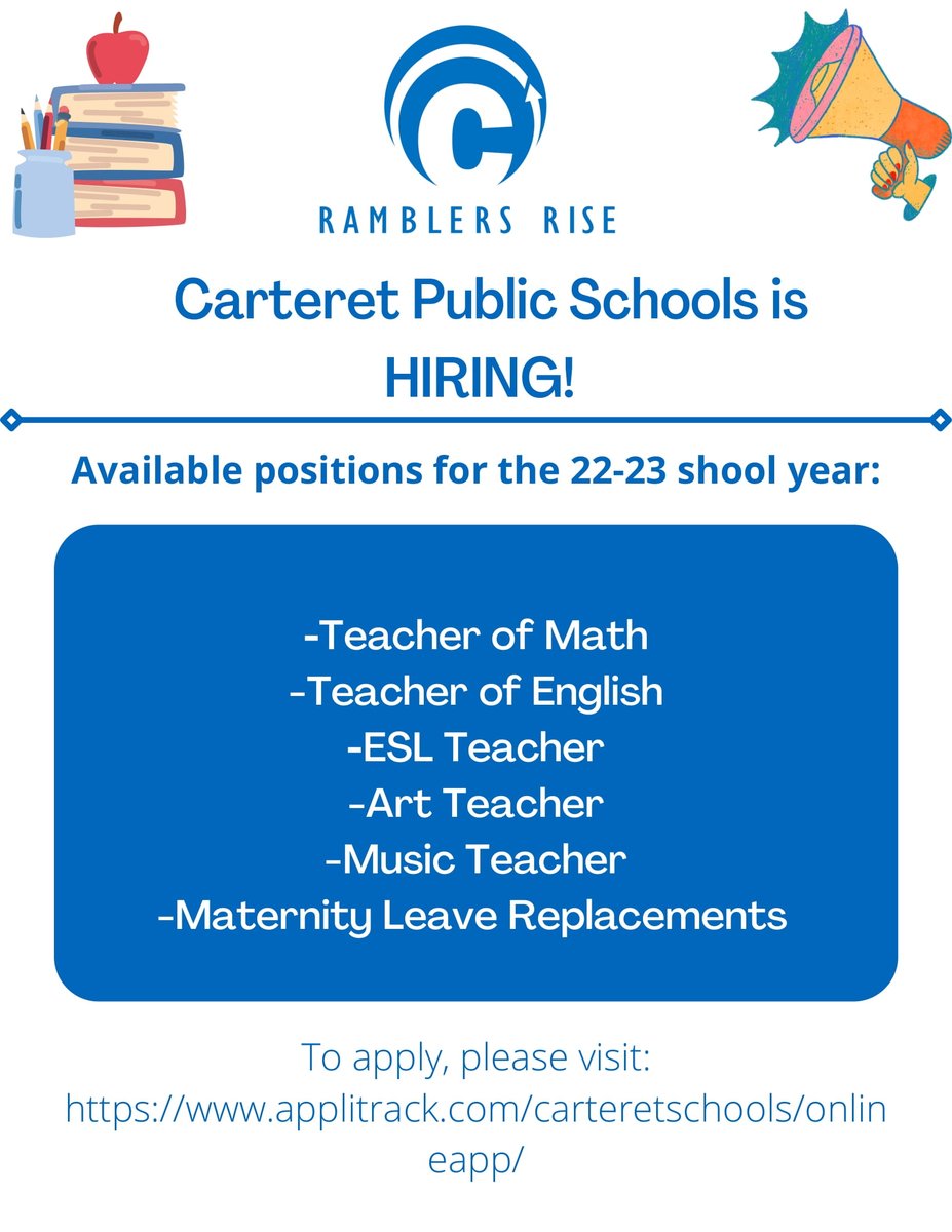 Carteret Public Schools is HIRING!!!
To apply please visit: applitrack.com/carteretschool…