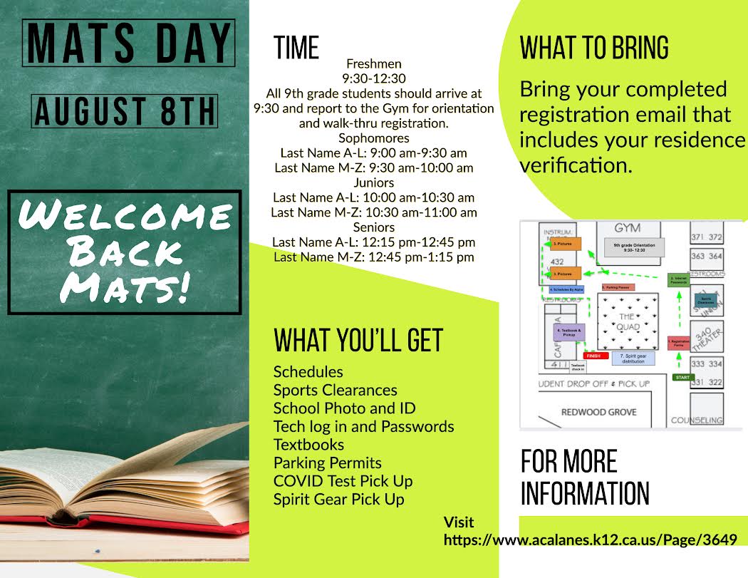 Matadors! Make sure you attend Mat's Day on Monday, August 8th. Check the flyer below for info on your time slot!