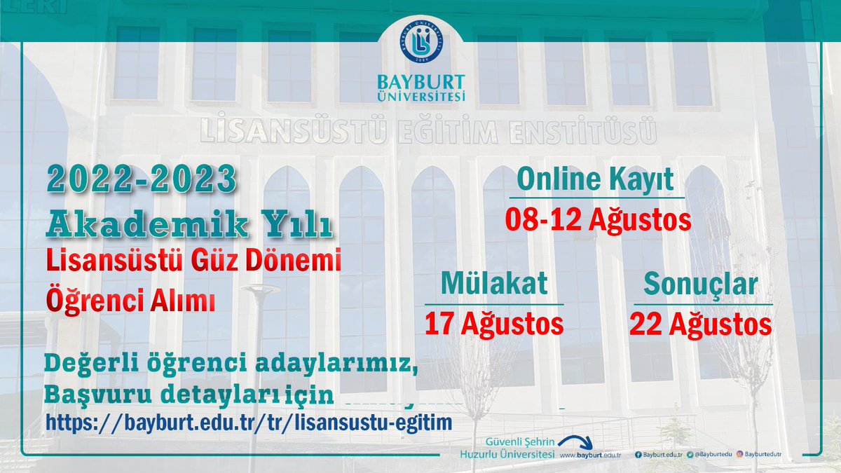 Değerli öğrenci adaylarımız,
2022-2023 Güz Yarıyılı Lisansüstü öğrenci alım ilanı yayımlanmıştır. 
Başvuru detayları için
bayburt.edu.tr/tr/lisansustu-…
<a href="/MutluTurkmen/">Mutlu Türkmen</a>