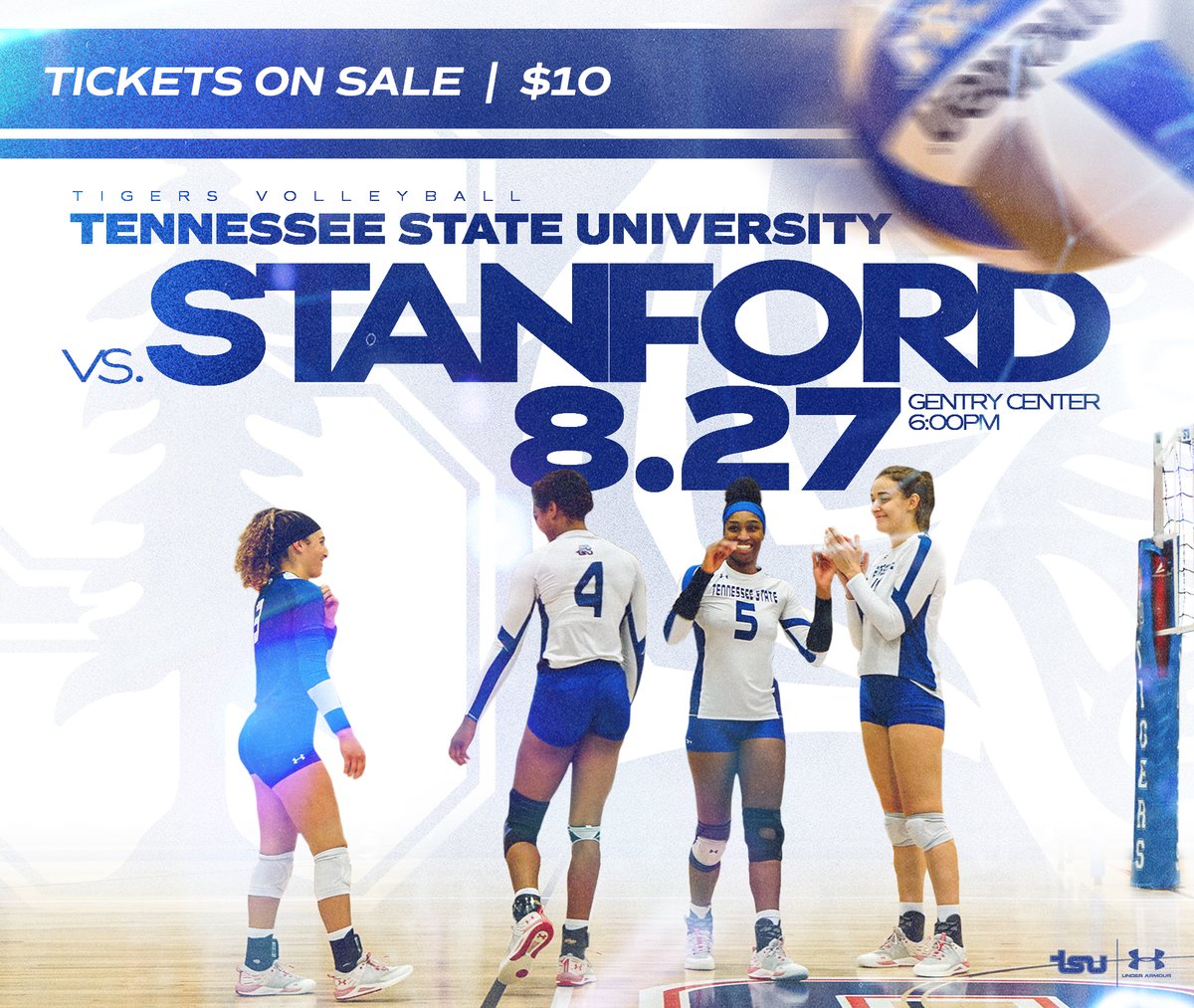 TSU_Tigers's tweet photo. Tickets are now on sale for the @TSUTigersVB home opener against @StanfordWVB on Aug. 27. Tickets are $10 and can be purchased online at https://t.co/G1tasEW3XX or by visiting the Gentry Center Box Office. The game will be played at the Gentry Center. 

#RoarCity https://t.co/jUzZgnvpKL