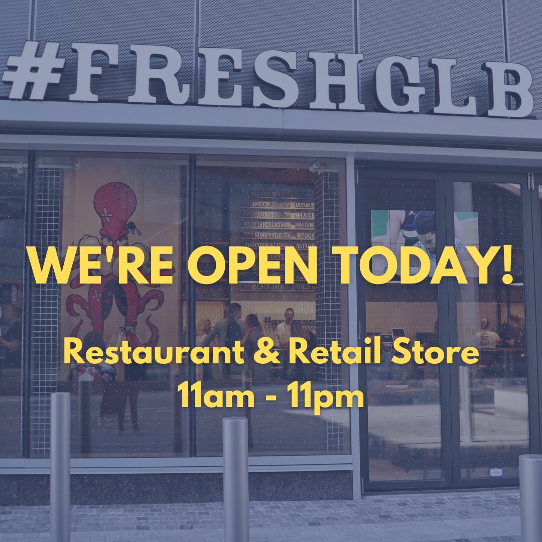 Open regular hours today! Our restaurant and retail store is open 11am-11pm for all of your long weekend #FreshGLB needs 🍺 🍔 

#LongWeekend #TorontoEats #GLBBrewpub