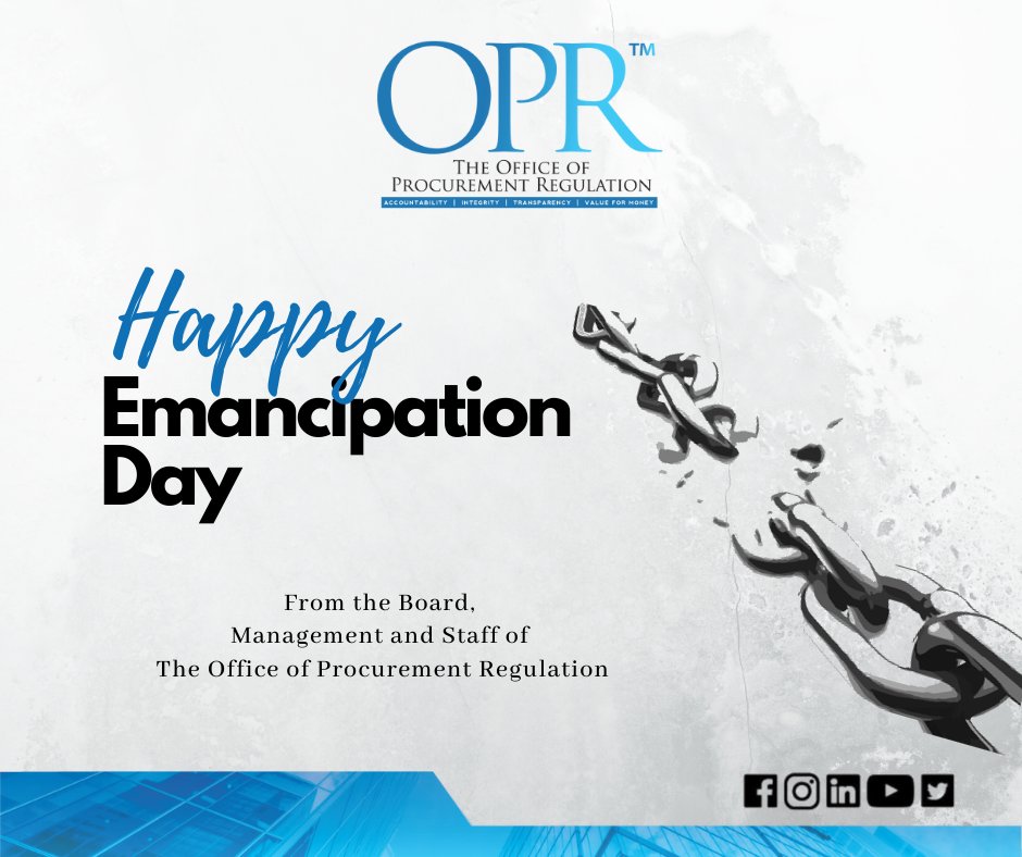 TheOPRTT's tweet photo. Emancipation Day greetings from the Board, Management and Staff of the Office of Procurement Regulation.

I #trinidadandtobago I #oprtt I #procurementintrinidad I #procurement I #disposal I #sustainableprocurement https://t.co/M6cBTqs4UQ