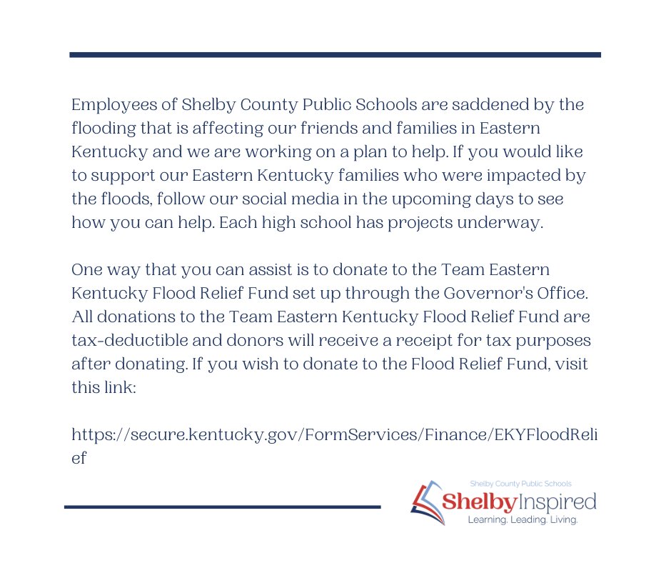 shelbycountysch's tweet photo. SCPS is saddened by the flooding in Eastern KY. Our high schools have plans to help. If you'd like to help now visit Team Eastern KY Floor Relief at https://t.co/EfsgqD4jHq. @MLCTitanNation @RocketPrincipal @SallyWSugg @TheSentinelNews @KASAEdLeader https://t.co/7YJhbeiZVu