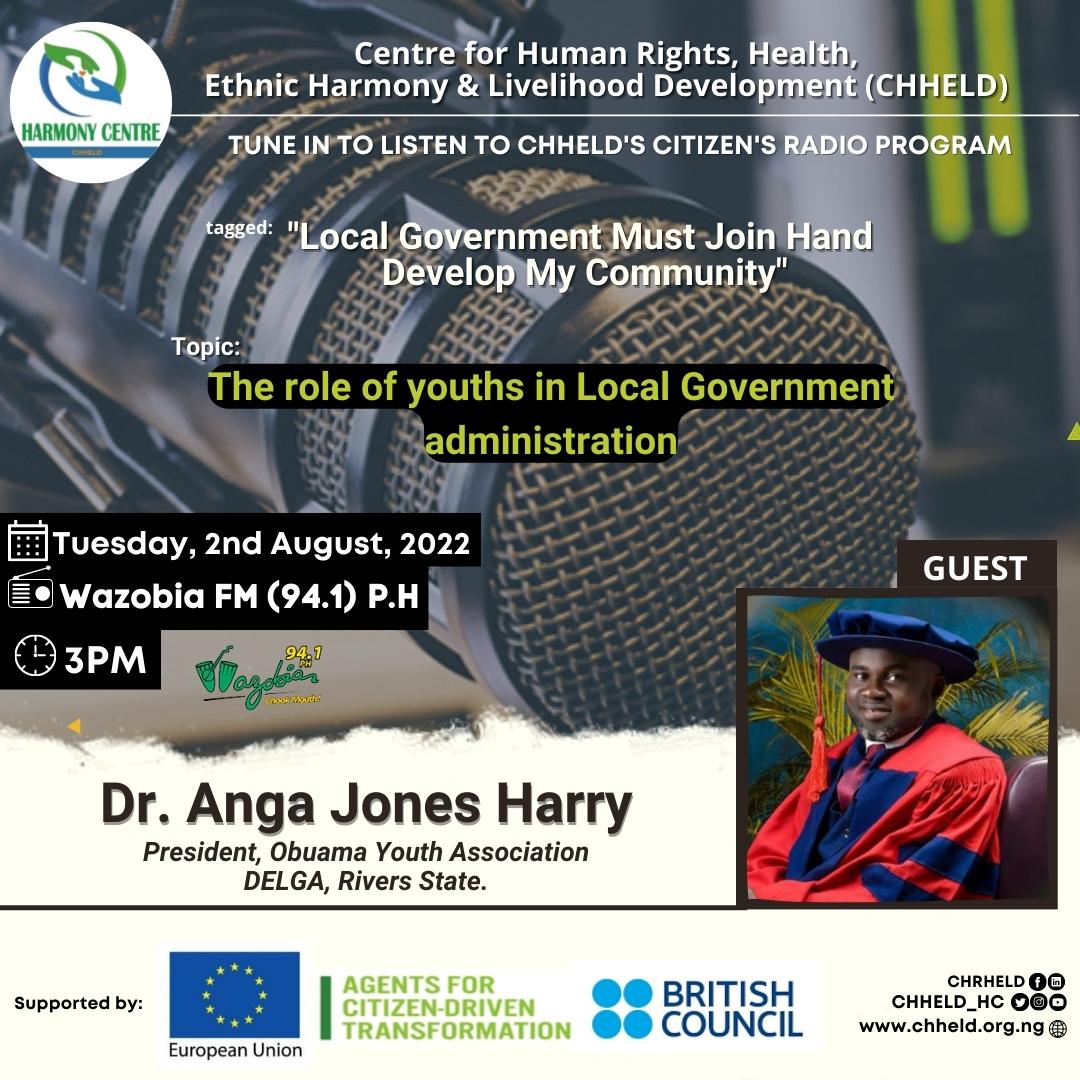 CHHELD_HC's tweet photo. Would you like to know your role as youth in your Local Government Area administration?
Then join Dr. Anga Jones Harry, President Obuama Youths Association on @WazobiaFMPH by 3pm tomorrow.
@afeeturi
#brithishcouncil #wazobiafm #europeanunion๐ช๐บ #cso #development #rinngos https://t.co/KORYRVZ32V