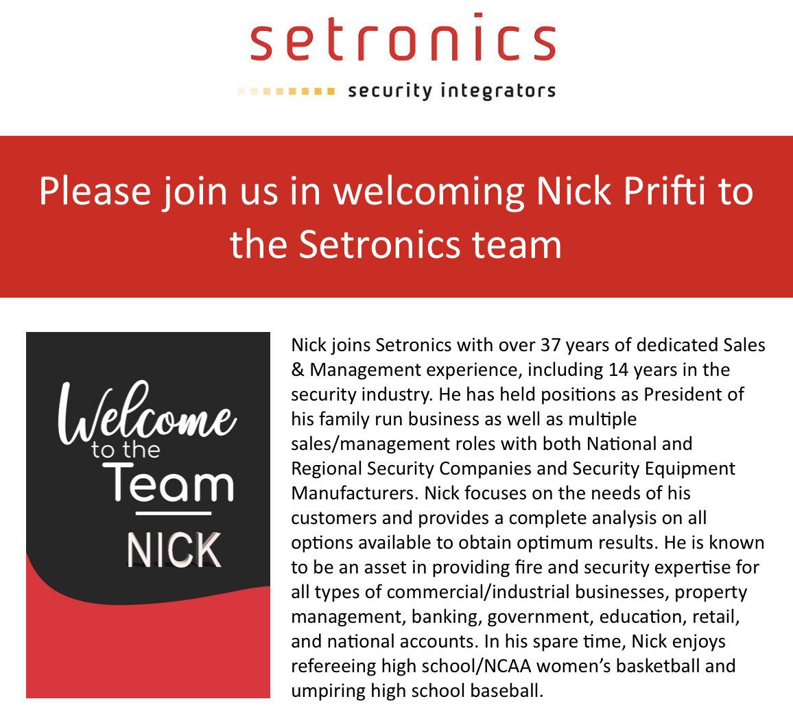 SetronicsCorp's tweet image. Please join us in welcoming Nick Prifti, our new Sales Executive, to the Setronics team!