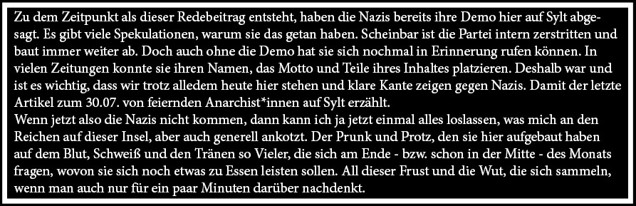 anarchie_hl's tweet photo. FaulenzA und Leute aus dem Punk-Protestcamp waren auch mit dabei - und nur vereinzelte, unorganisierte Neonazis.
Hier könnt ihr nochmal unseren Redebeitrag lesen:
#SyltEntern #Lübeck https://t.co/WptlhhemgQ