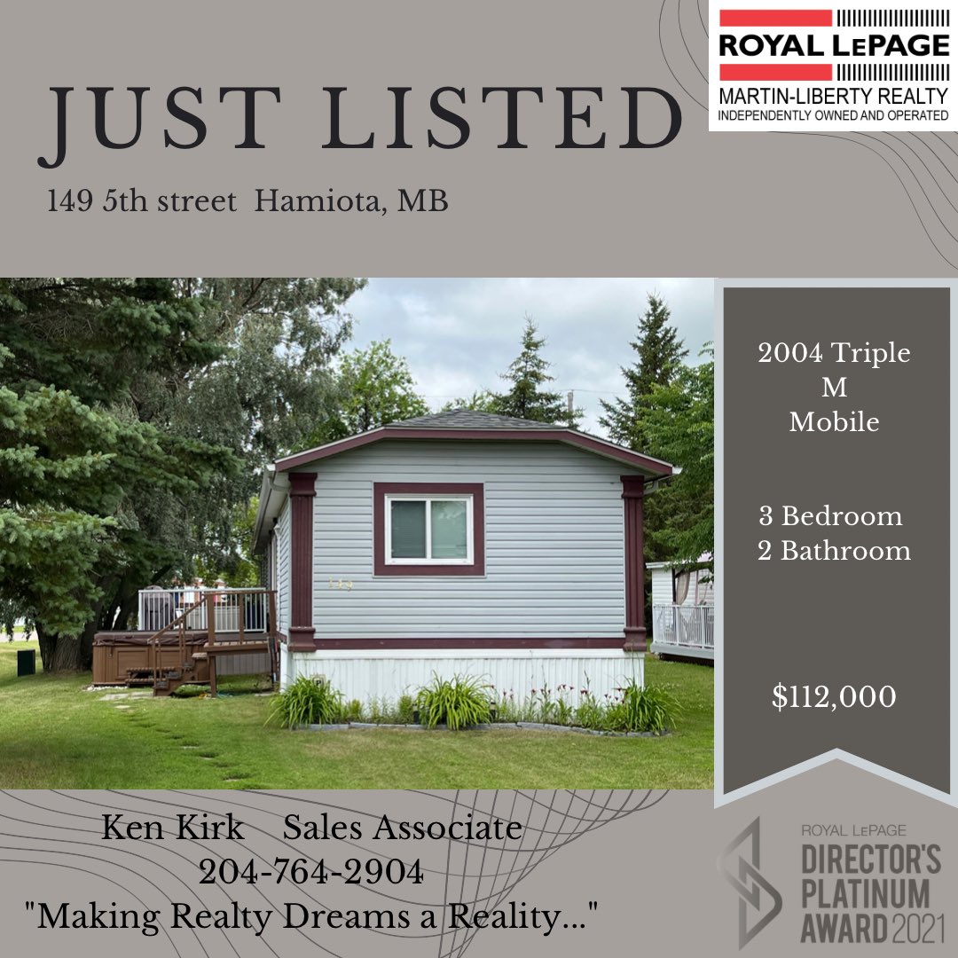 New Listing Hamiota!  2004 3 bedroom,  2 bath mobile on leased lot! Walking distance to everything you need in town!  <a href="/RoyalLePage_Bdn/">Royal LePage Brandon</a>