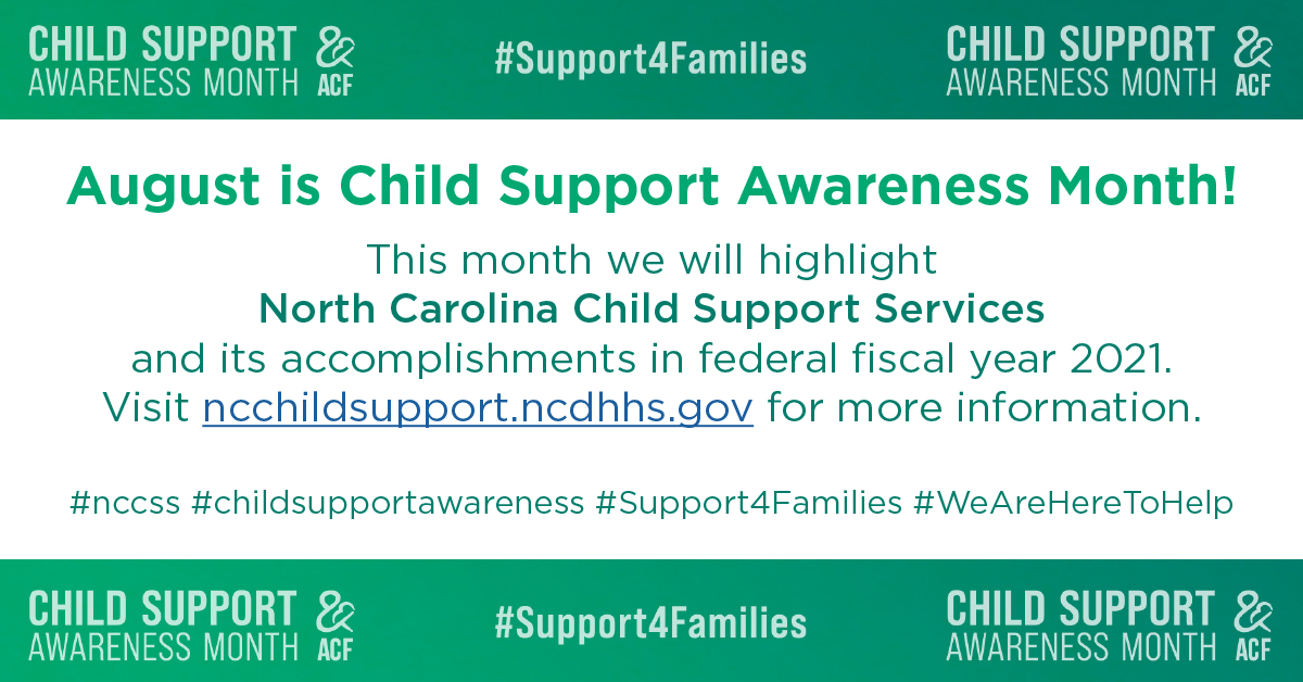 ncdhhs's tweet photo. August is Child Support Awareness Month! This month we will highlight North Carolina Child Support Services and its accomplishments. Learn more: https://t.co/O28ZHHz90y
#nccss #childsupportawareness #ncchildsupport #Support4Families #WeAreHereToHelp https://t.co/cNbHBxGWXj