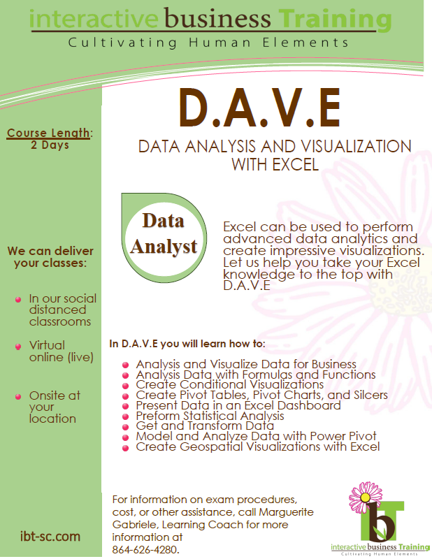 Happy Monday! Looking To Expand Your Skills With Data Analysis and Visualization with Excel? 👀

Check Out Our Data Analysis and Visualization with Excel (D.A.V.E) Class!✨ 

For More Information, Visit Our Website At ibt-sc.com or Give Us A Call At 864-626-4280