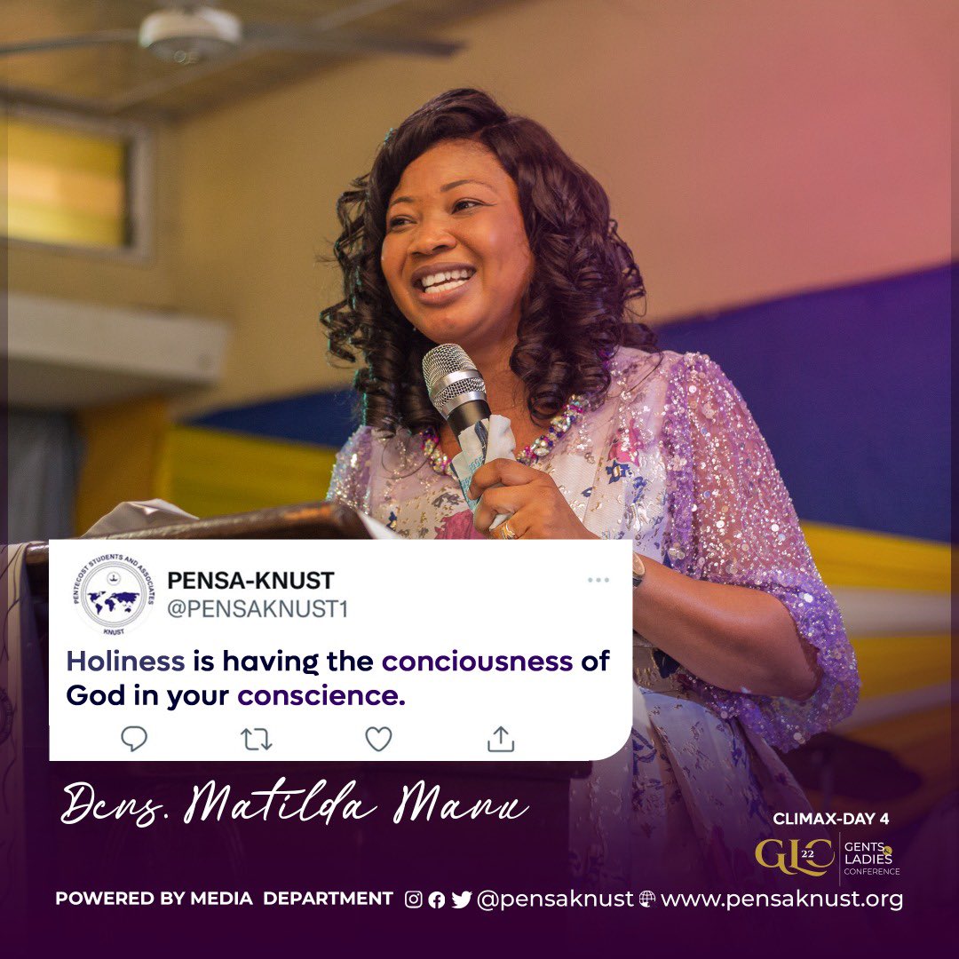 PENSAKNUST1's tweet photo. 📝| An excerpt from yesterday’s service — climax of our GLC.
“Holiness is having the conciousness of God in your conscience.”
~ Dcns. Matilda Owusu-Manu
#GLC22 | #VesselsofHonour https://t.co/mSwUiIvbhL
