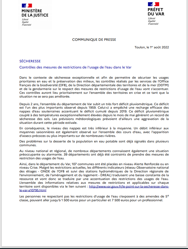 SECHERESSE - Restriction de l'usage de l'eau dans le Var