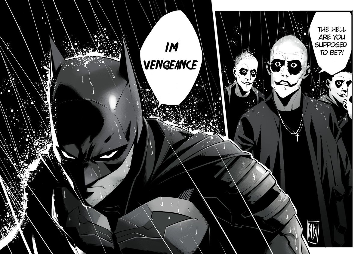 I'm vengeance.I've been planning to draw this scene for a while but never got the chance,THE BATMAN  in my opinion is the best batman movie yet, all the actors are great especially colin Farrell as the penguin he's barely recognizable. 
#thebatman #Batman #DC #ComicArt 
#manga
