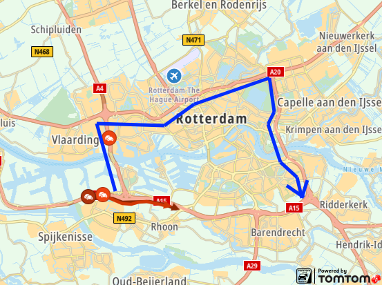 Ruim een uur vertraging door ongeluk op de #A15 Europoort ►Rotterdam, bij Rotterdam-Heijplaat. Omrijden via noordkant van Rotterdam over A4, A20, A16.
