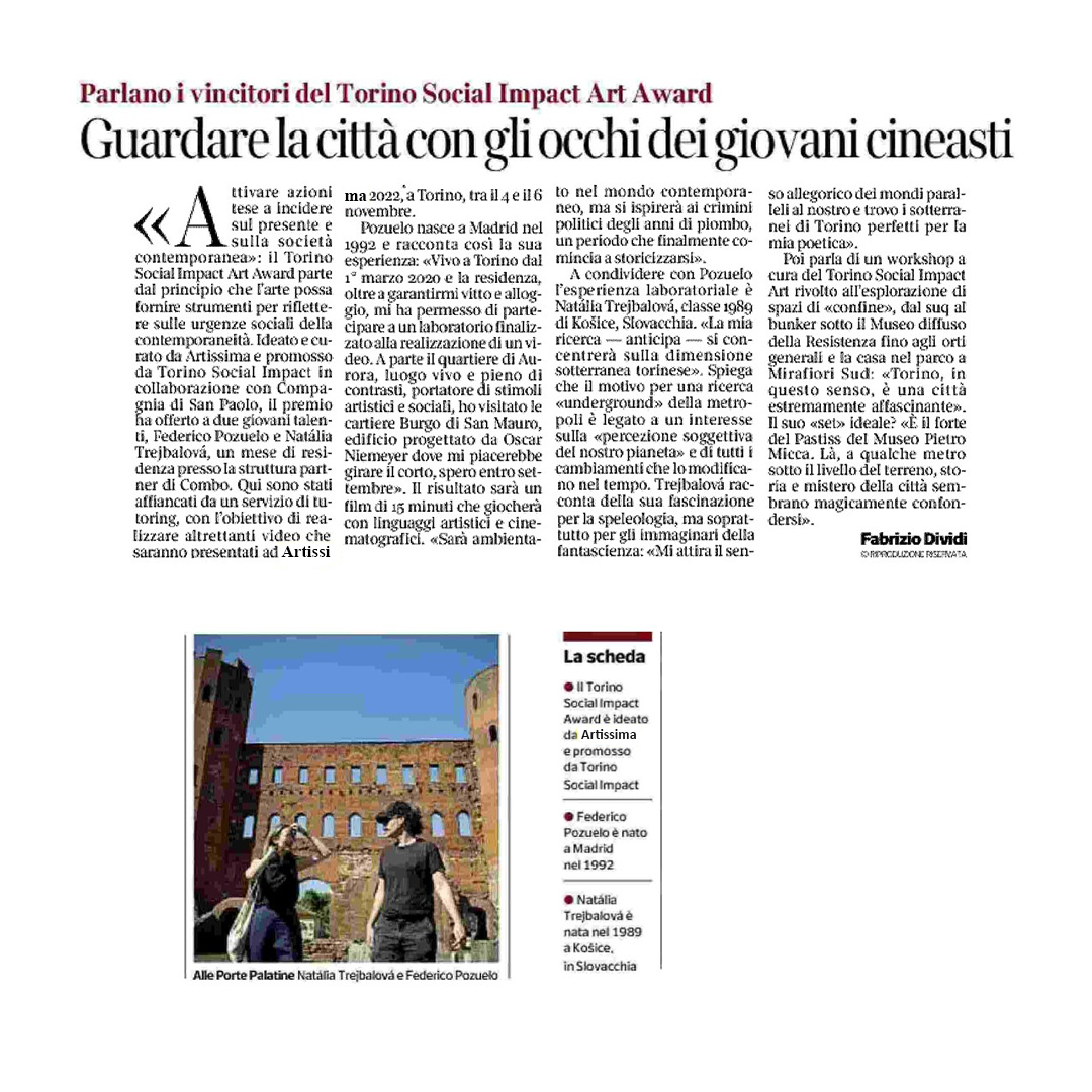 TOSocialimpact's tweet photo. «Attivare azioni tese a incidere sul presente e sulla società contemporanea», questo è l'obiettivo che si prefigge il #TSIArtAward. 
In questo articolo sul @Corriere i giovani cineasti vincitori del premio 2022 raccontano la loro esperienza di residenza artistica a Torino 👇 https://t.co/zYW54gLU1m